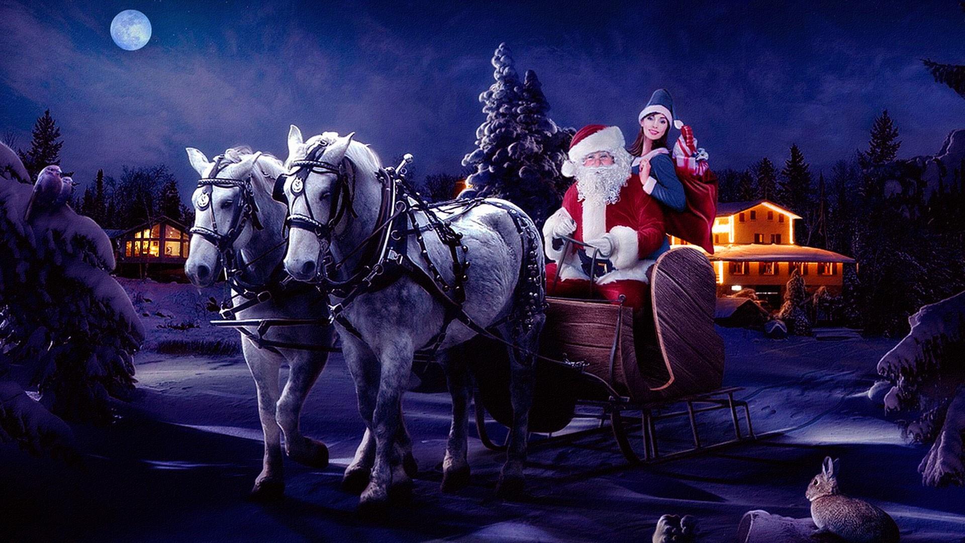 Santa Claus Carriage With Eight Deer Desktop Hd Wallpaper For Pc Tablet Android Mobile Download 1366×768 1920×1080