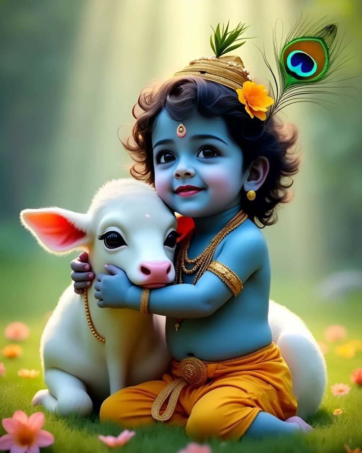 Cute Baby Krishna With Cow HD Wallpaper – Divine Love & Innocence