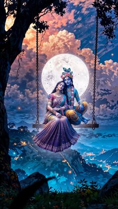 Romantic Radha Krishna On Swing Under Full Moon – HD Divine Wallpaper